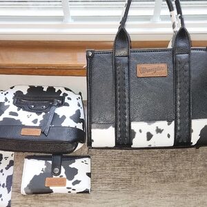 Wrangler Black and White Satchel Set with Cow Print